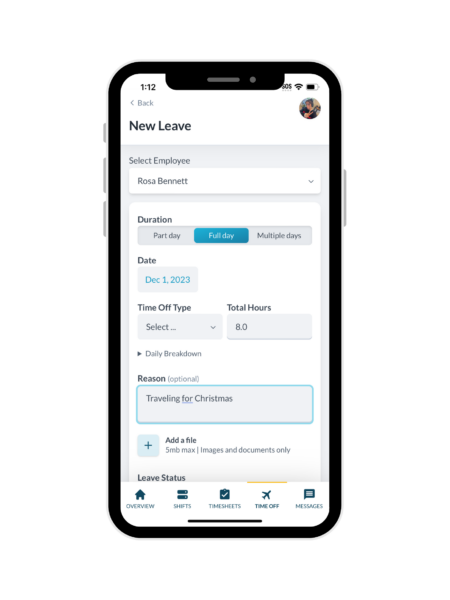 Requesting time off on the Workforce.com app